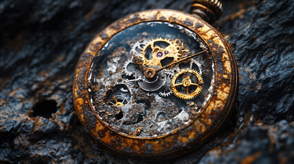 Fototapeta premium The image shows an old pocket watch sitting on top of a rock
