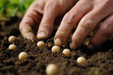 Hands planting seeds in rich soil on a sunny day at a community garden