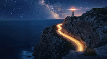 "Illuminated Road with Light Trails and Milky Way Stars at Night, Near the Far de Formentor Lighthouse on Mallorca, Spain"