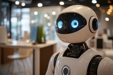Fototapeta premium Robot assistant in modern office, innovative technology for business, futuristic artificial intelligence, ai evolution in corporate space, ai for productivity
