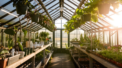 A sunlit greenhouse with hanging plants and shelves of pots.