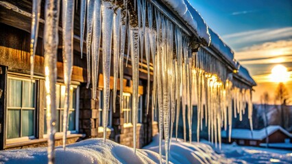 Delicate icicles, winter's frozen beauty, pose a hidden danger, captured in cold weather photography.