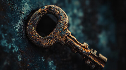 The image shows an old rusty key sitting on top of a metal surface. The key is aged and weathered