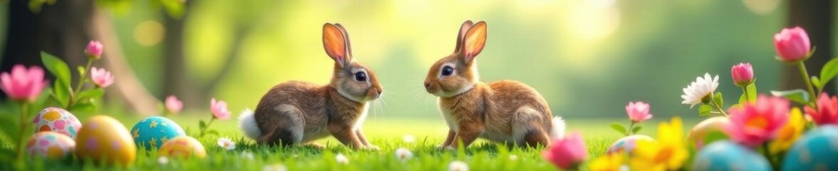Fototapeta premium Two charming rabbits frolic near painted eggs and blossoming flowers in a peaceful garden setting , pastel, flowers
