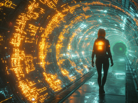 Woman from the future exploring a hyper technological biomechanical city, futuristic city with towers lit by bright yellow neon lights. Cyberpunk aesthetics and surreal atmosphere