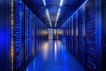 Fototapeta premium Interior of server room with equipment in datacenter. Hosting of computer technology and data protection, communication storage for digital information analysis system