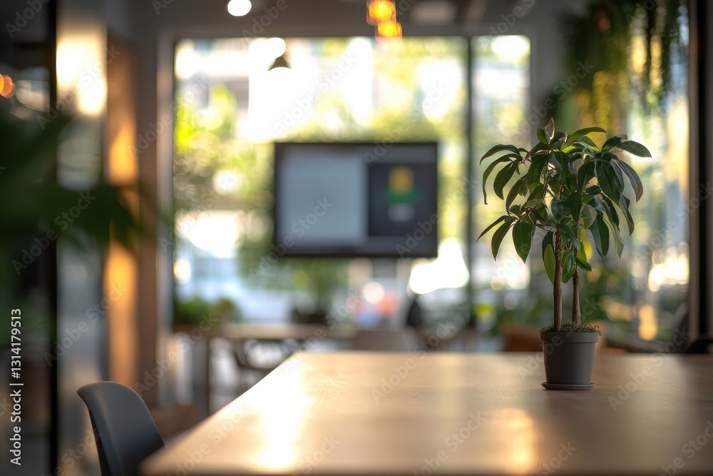 Poster indoor workspace featuring a small plant on a table with blurred background of modern office setting
