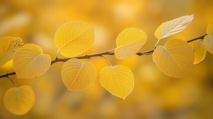 Bright yellow leaves on a branch in autumn create a vibrant display against a soft background in a peaceful setting