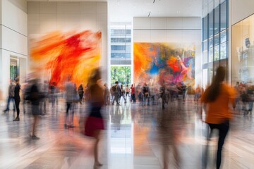 Visitors explore a vibrant art exhibit in a modern urban gallery during a busy afternoon