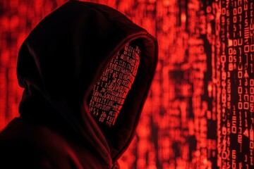Cyber crime concept with hooded hacker face shadowed by binary code, for dark web awareness campaign, online security illustration, and data protection