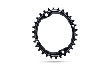 Black oval bicycle chainring against white isolated background, floating above the surface....