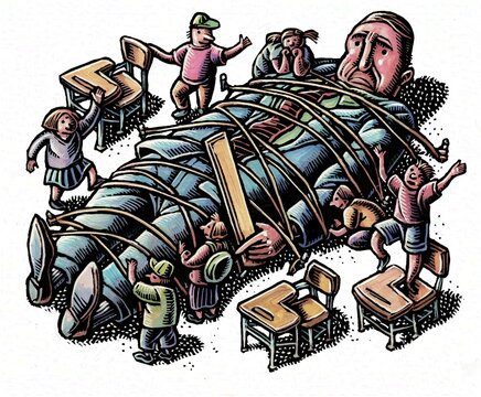 teacher tied down by tiny students like gulliver and the lilliputians