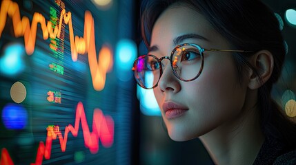 A focused individual analyzes data trends on a digital screen, showcasing a blend of technology and concentration.