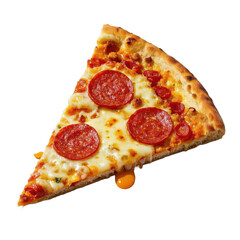 pizza slice, pepperoni, melted cheese, crispy crust, gooey, savory, appetizing, close up on transparent background