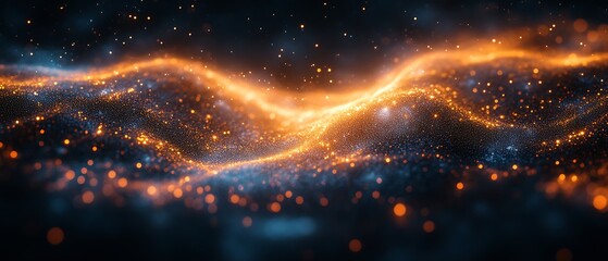 Abstract glowing orange and blue particles wave.