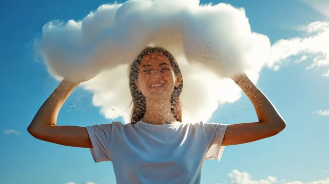 A young woman in white t-shirt holding a cloud of thoughts above her head, symbolizing creativity and reflection. Concept of inspiration, mental clarity. Businesses: tech startups, creative agencies.

