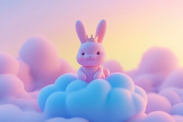 Adorable pink bunny wearing a golden crown sits peacefully on a fluffy blue cloud in a pastel sky.
