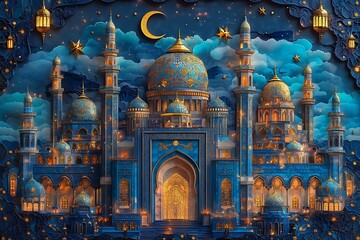 Ornate Blue Palace Illuminated by Lanterns with Golden Domes Under a Starry Night Sky