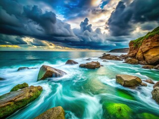Naklejka premium Dramatic long exposure captures submerged rocks, crashing waves, and a rugged, textured coastline.