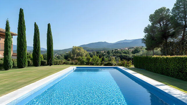 Bright Blue Rectangular Swimming Pool With Lush Green Landscaping Overlooking A Mountain View In Spain