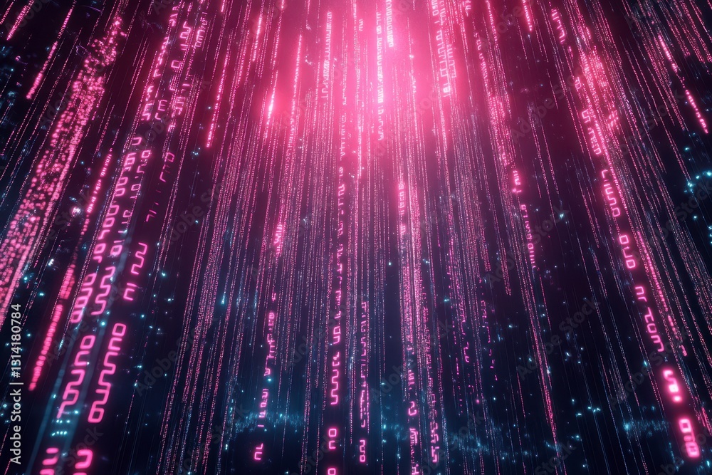 Wall mural digital technology backdrop for presentation with illuminated pink code rain, abstract cyber space f