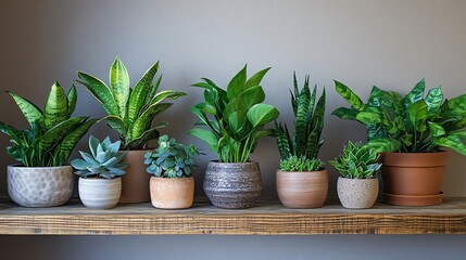 Fototapeta premium Assorted Potted Plants on Wooden Shelf Against Gray Wall Interior