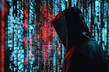 Man in hood looking at binary code stream. Dark web concept for cybercrime, hacking attack, data breach. Cybersecurity business for privacy protection.