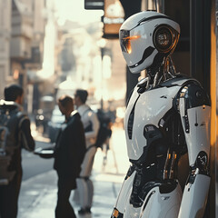 Fototapeta premium The image shows a humanoid robot standing in front of a building on a city street. The robot is white and black in color and is surrounded by people walking on the road. In the background