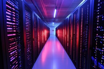 Data center corridor with server racks and glowing lights, showcasing information technology infrastructure, cybersecurity, and cloud computing services for global network.