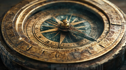 Fototapeta premium The image shows an old brass compass on a wooden table