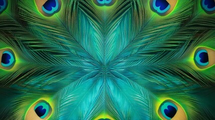Obraz premium Kaleidoscopic Peacock Feather Mandala Teal and Green Symmetrical Design, Peacock Feathers, Mandala Art, Peafowl Peacock, Mandala