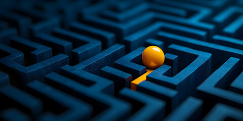 Navigational Journey Through a Complex Blue Maze Featuring a Single Yellow Ball at the Exit Point with an Orange Pathway Highlighting Strategic Decision Making