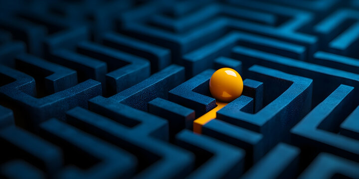 Navigational Journey Through a Complex Blue Maze Featuring a Single Yellow Ball at the Exit Point with an Orange Pathway Highlighting Strategic Decision Making