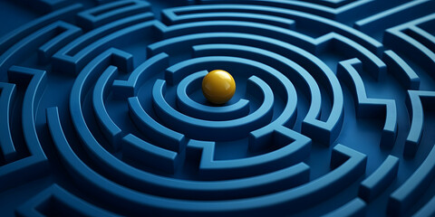 Intricate Blue Labyrinth with a Central Yellow Sphere Symbolizing Strategy and Problem Solving in Abstract Design Focused on Navigation Challenges