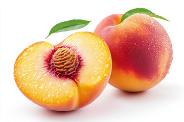 Two peaches, vibrant with leaves and glistening water droplets.