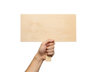 Obraz premium human hand holding blank demonstration wooden sign isolated on white background,