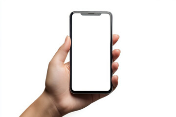 Hand holding phone with blank screen, background blurred.