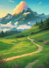 Scenic Landscape, Eye-Level View, Path to Mountain, Anime Style, Grassy Field, Peaceful, Serene, Tranquil Scene, Nature, Outdoor, Green, Blue, Travel, Adventure, Hiking, Clouds, Sky, Vacation