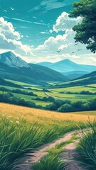 Vertical panorama Nature scene, path through field, mountains, sky with clouds & birds, idyllic countryside, rural landscape, tranquility. Vector illustration.