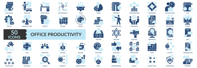 OFFICE PRODUCTIVITY icon set two color style with document, team, organization, teamwork, office, presentation, interview, archive, employee, productivity, skill, professional icons