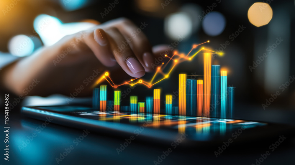 Poster digital smart device display shows colorful data analytics and insights at night in a modern workspa