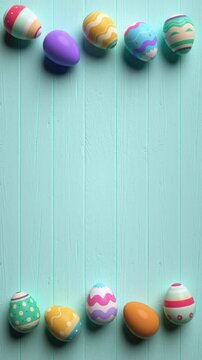 Looping video of painted easter eggs on a wooden blue table animated in stop motion style. Happy Easter video background for social media post in pastel colors and copy space 3D animation