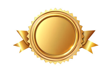 Isolated shiny golden seal with ribbon on white background. Round badge die-cut sticker. Empty metal emblem for sport competition, business choice, luxury certificate template. Success achievement.