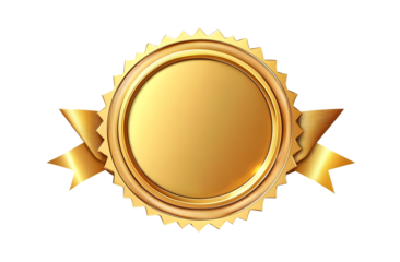 Isolated shiny golden seal with ribbon on white background. Round badge die-cut sticker. Empty metal emblem for sport competition, business choice, luxury certificate template. Success achievement.