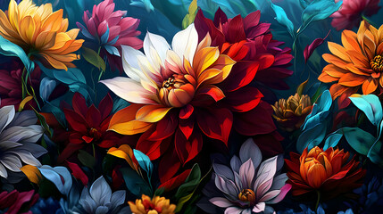 Vibrant Array of Colorful Dahlias in a Pixel Art Style with a Rich Spectrum of Hues and Detailed Petals