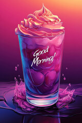 Cheerful morning card with Good Morning! text in blue and pink, featuring a steaming coffee mug