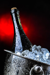 Bottle of wine in bucket with crushed ice