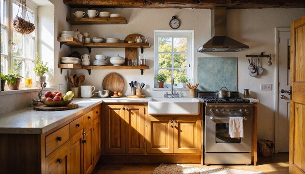 Cozy kitchen with wooden shelves and natural sunlight
