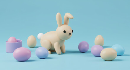 Fototapeta premium A cute bunny sits near various colored easter eggs