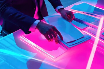 A person in a suit sorts through a stack of papers under vibrant pink and blue neon lights.